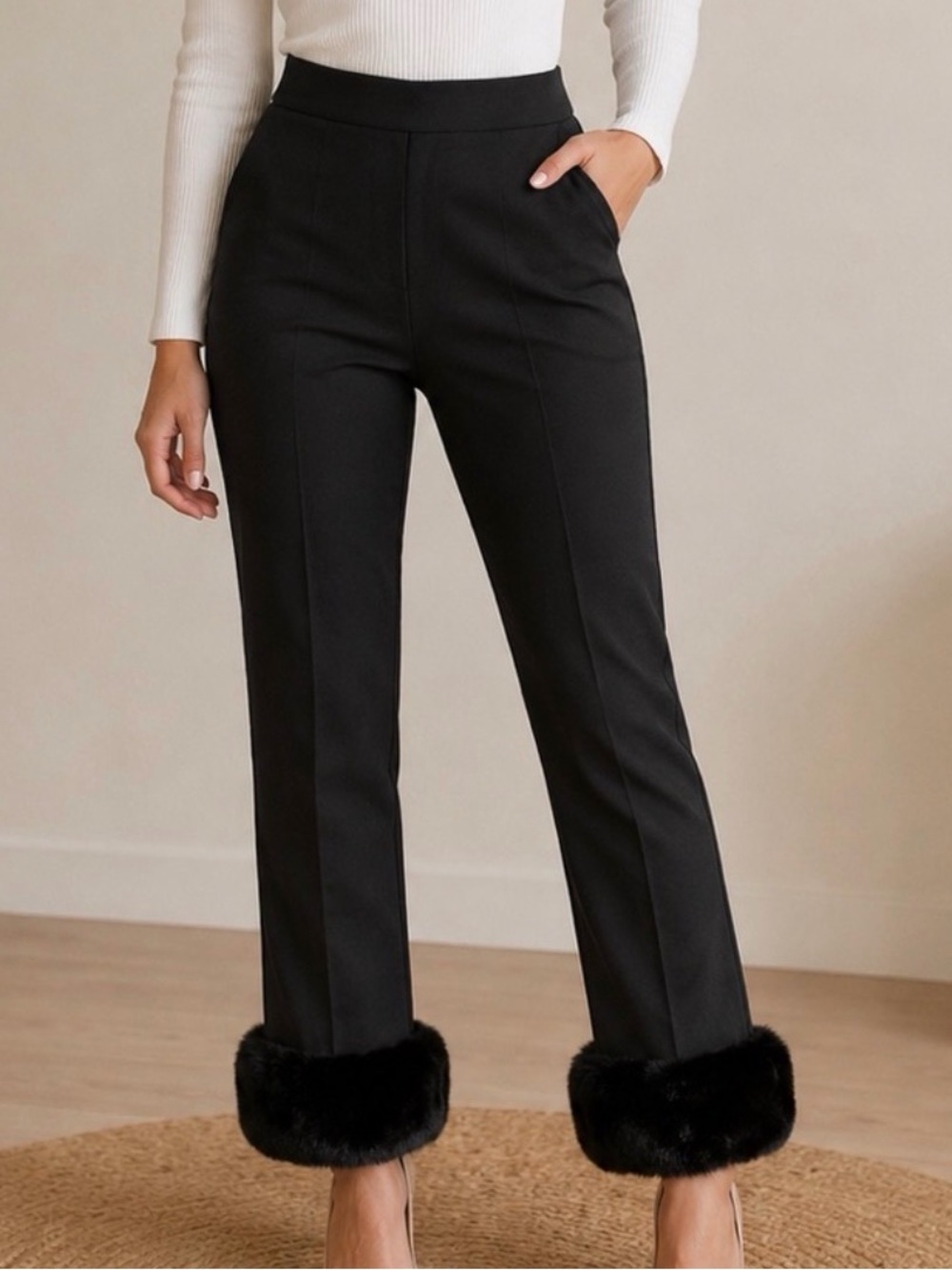 DANIELLE BERNSTEIN Black Straight-Leg Pants with Faux-Fur Cuffs NWT $89 retail